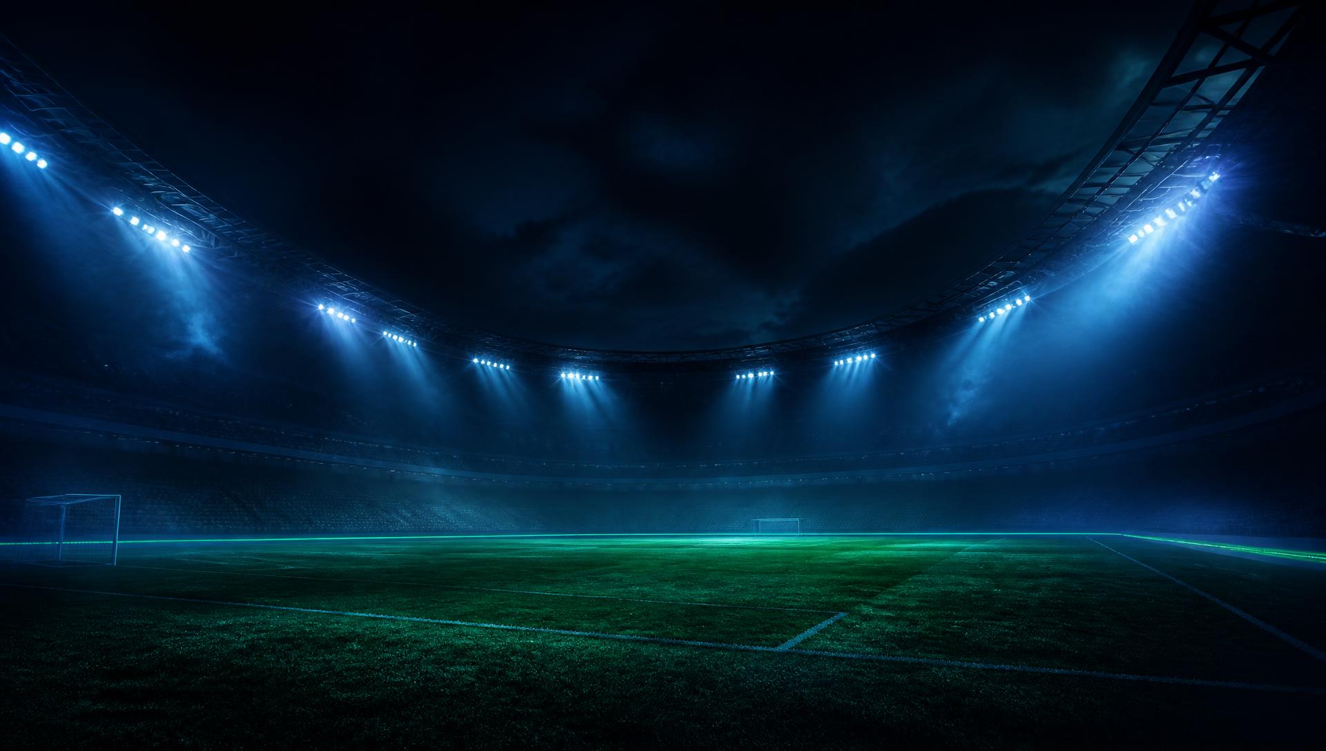 Floodlit football stadium at night